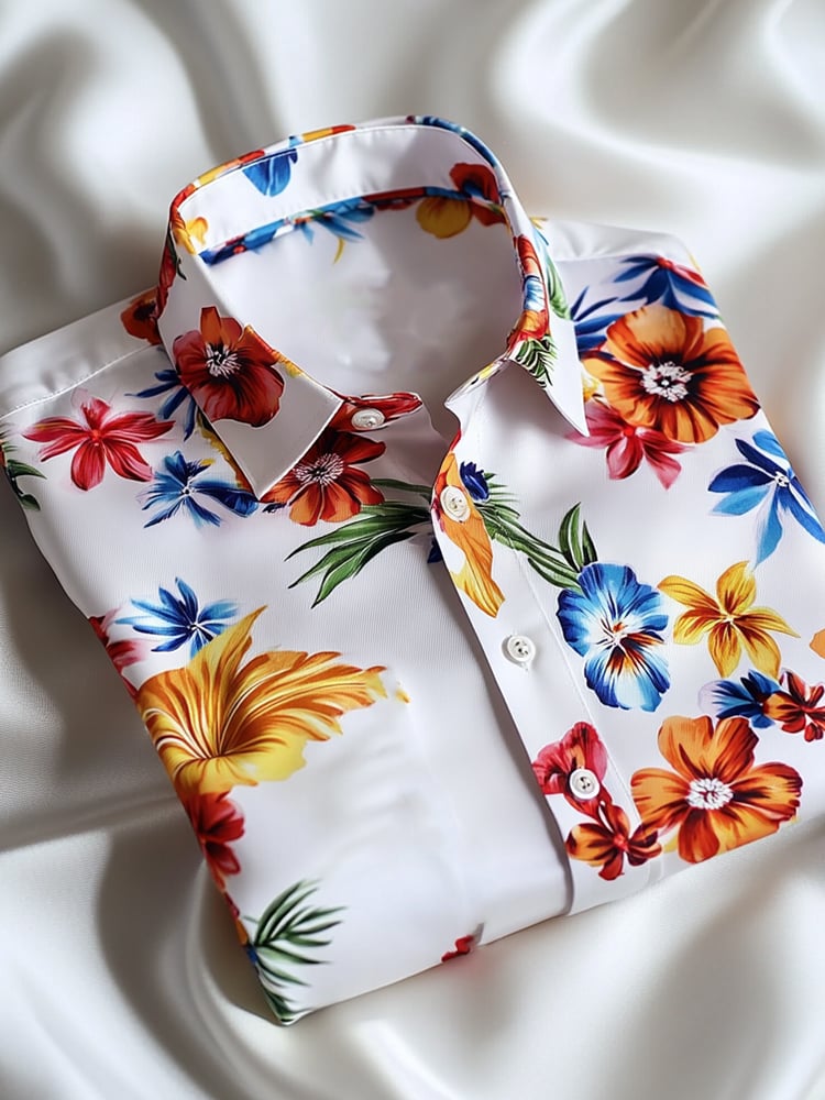 Camisa ejecutivo casual hawaiano floral solapa de manga corta para hombre