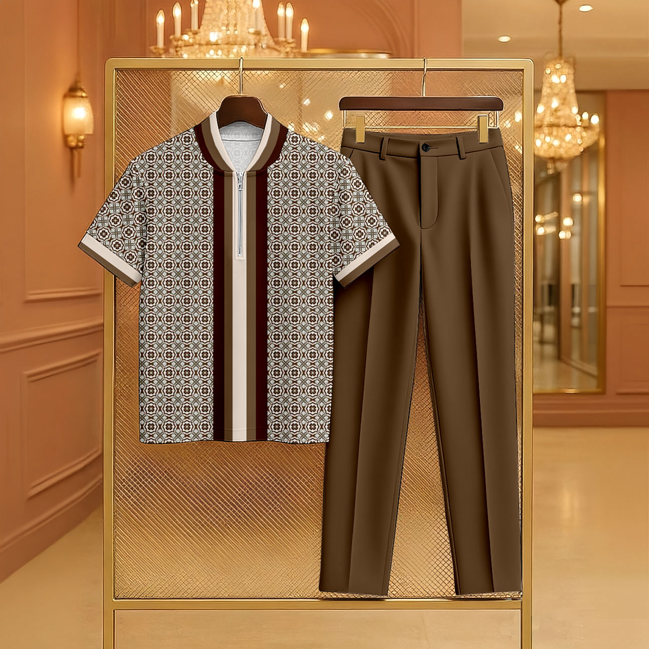 Conjunto de dos piezas casual Coffee & Khaki Color Matching vintage Checkered estampado Zipper de manga corta camisa polo & Trousers para hombre