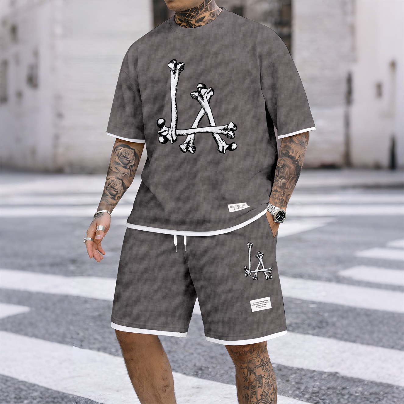 Camisa Streetwear Skeleton estampado Waffle Fabric de manga corta And shorts Set para hombre