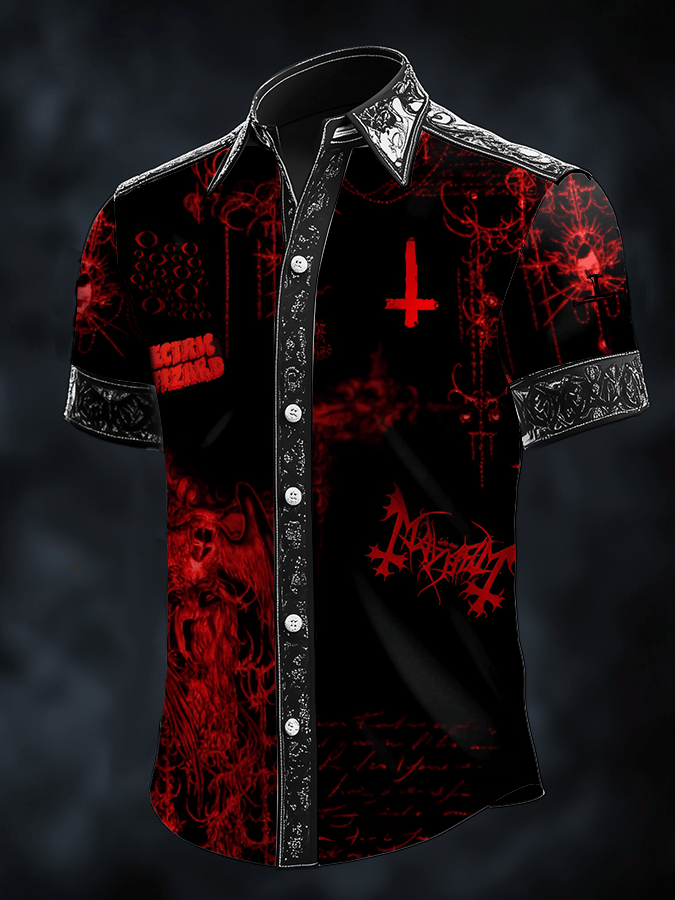 Camisa Dark Skull estampado satén de manga corta para hombre