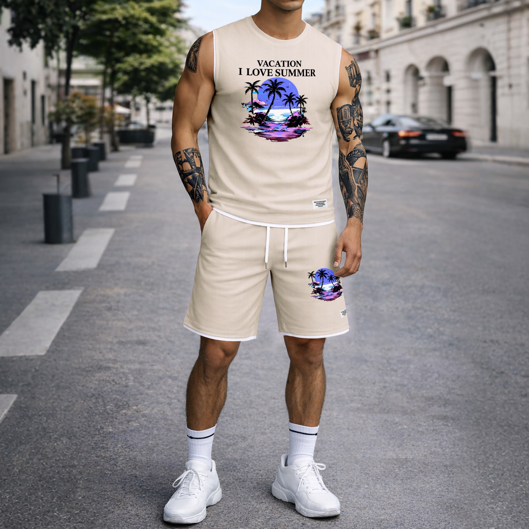 Shorts Tropical Beach Graphic estampado Summer Set Sleeveless Tank Top & Matching Outfit, Vacation Island estampado Lightweight casual Streetwear Set for Everyday & Holiday para hombre