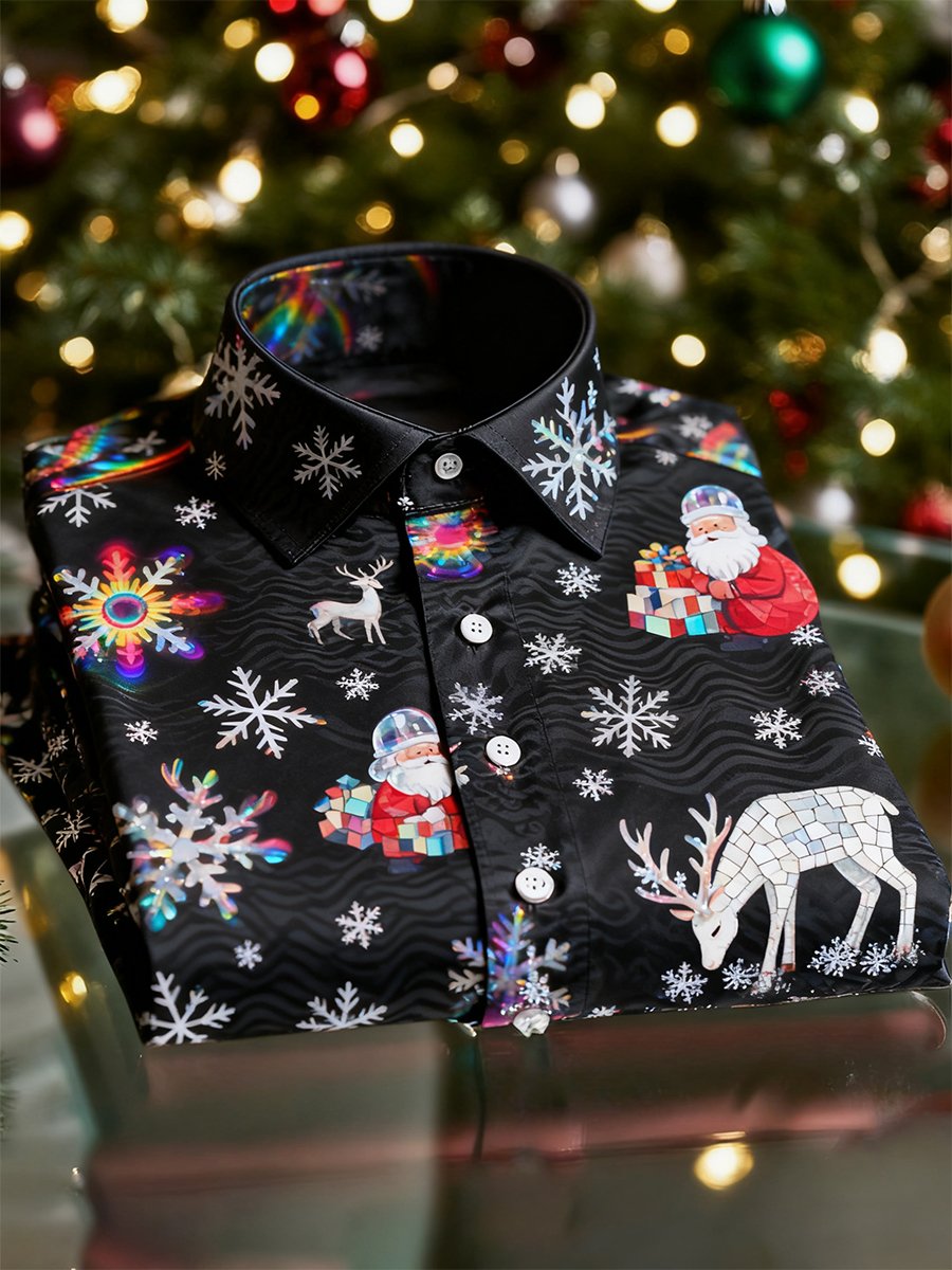 Camisa Christmas de manga larga con botones para hombre