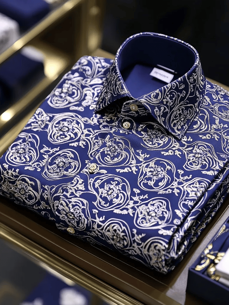 Camisa de lujo Romantic Contrast Color estampado de manga larga para hombre