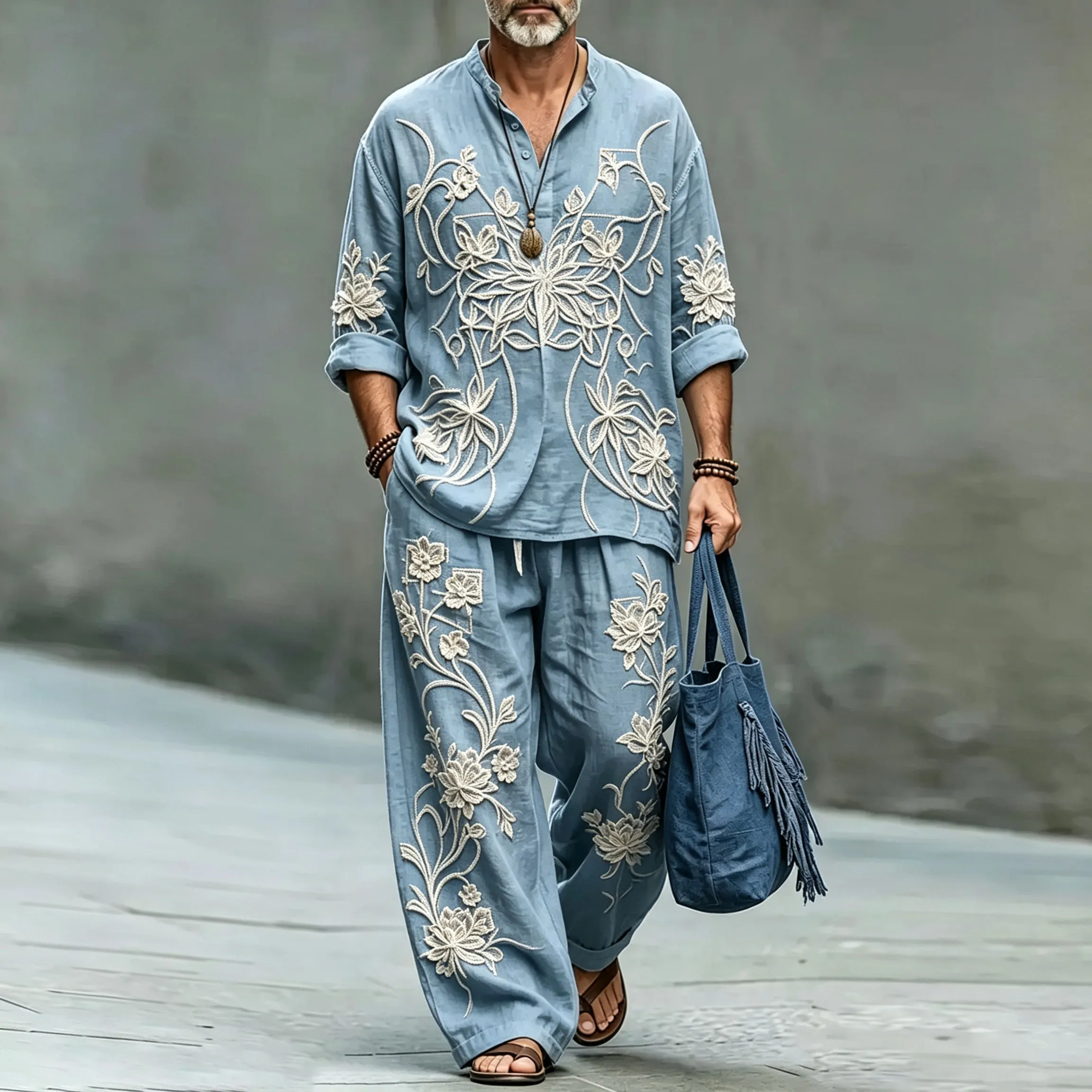 para hombre floral Stand-Collar camisa polo and Long pantalón Two-Piece Suit Set
