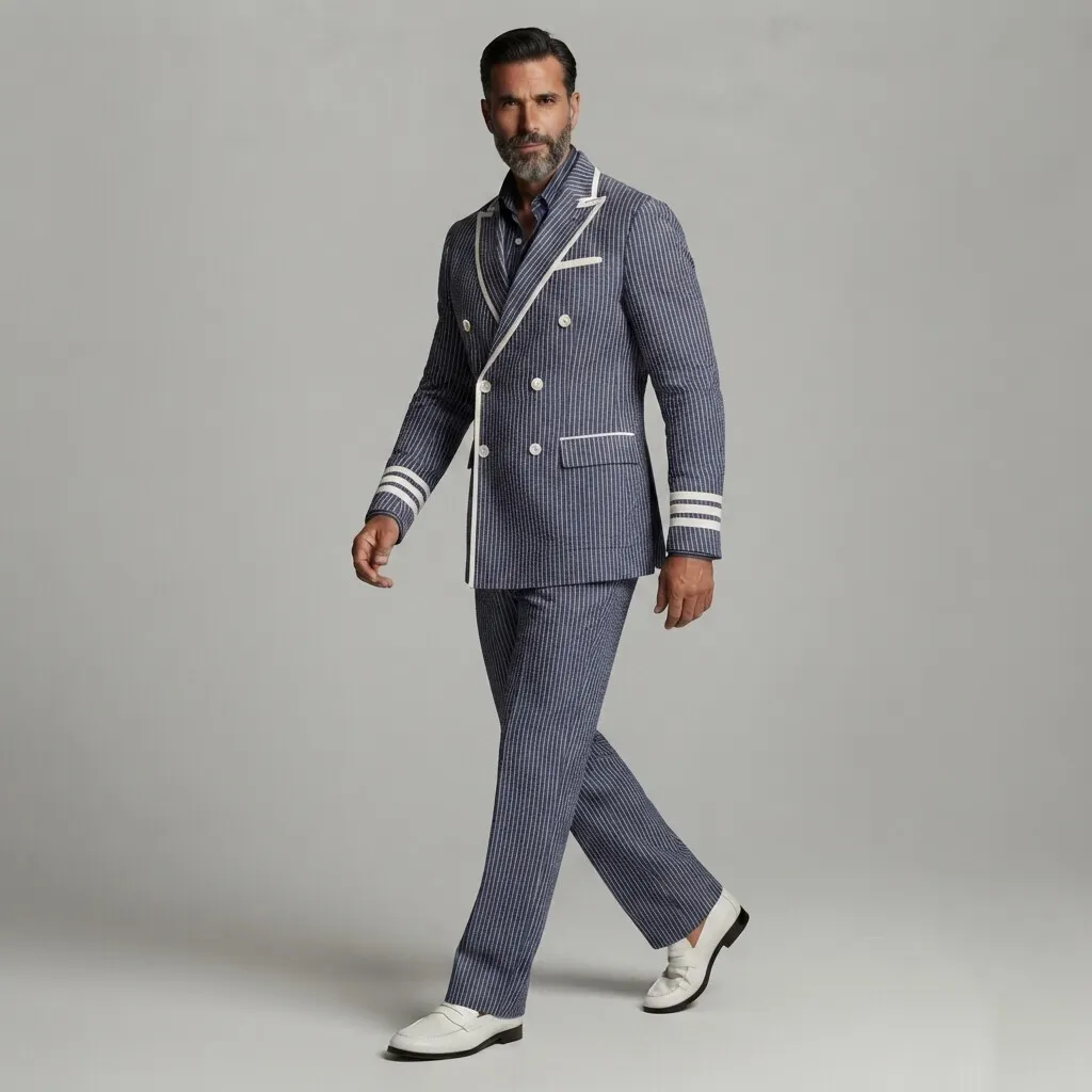 Saco formal Navy Blue Pinrayas estampado Contrast Piping Peak Lapel Double-Breasted & pantalón 2Pcs Suit para hombre