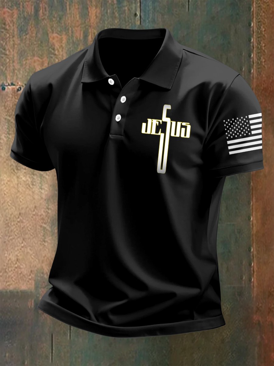 Camisa polo American Flag Cross Button de manga corta para hombre