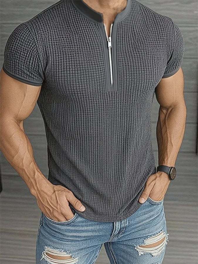 Camisa polo casual cierre Stand cuello de manga corta para hombre - vista 1