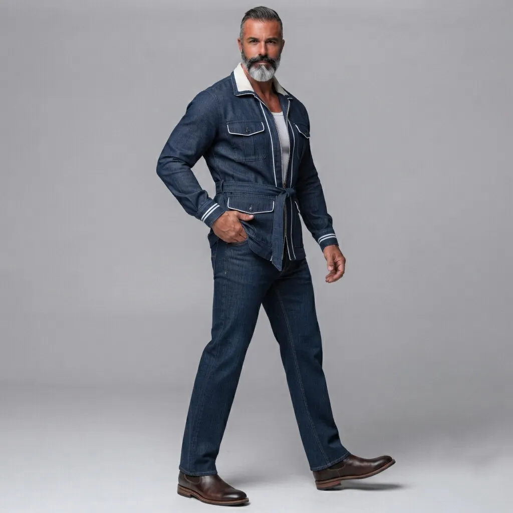 para hombre Navy Blue Denim Multi-Pockets Contrast Piping Belted con cierre Safari chaqueta