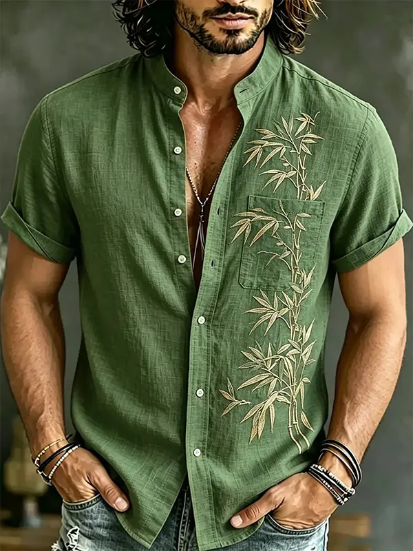 Camisa retro Bamboo Grove Japanese Art estampado de manga corta para hombre