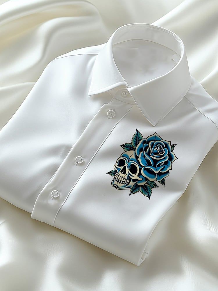Camisa ejecutivo casual Rose Skull Logo solapa de manga corta para hombre