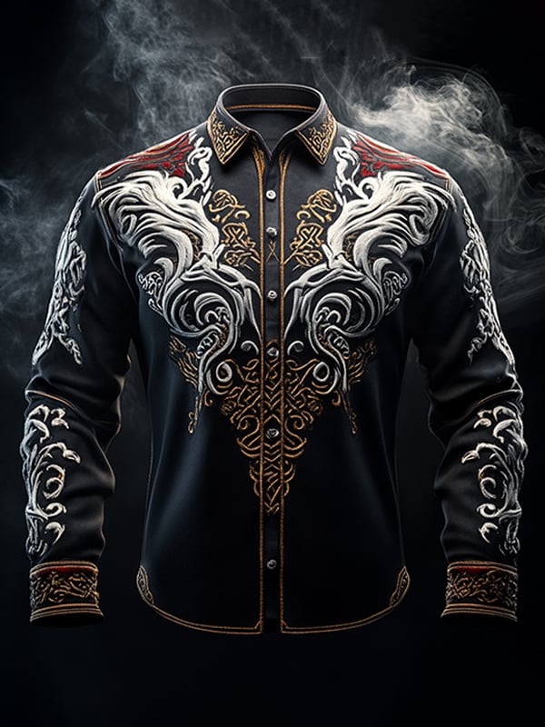 Camisa vintage Viking estampado de manga larga para hombre