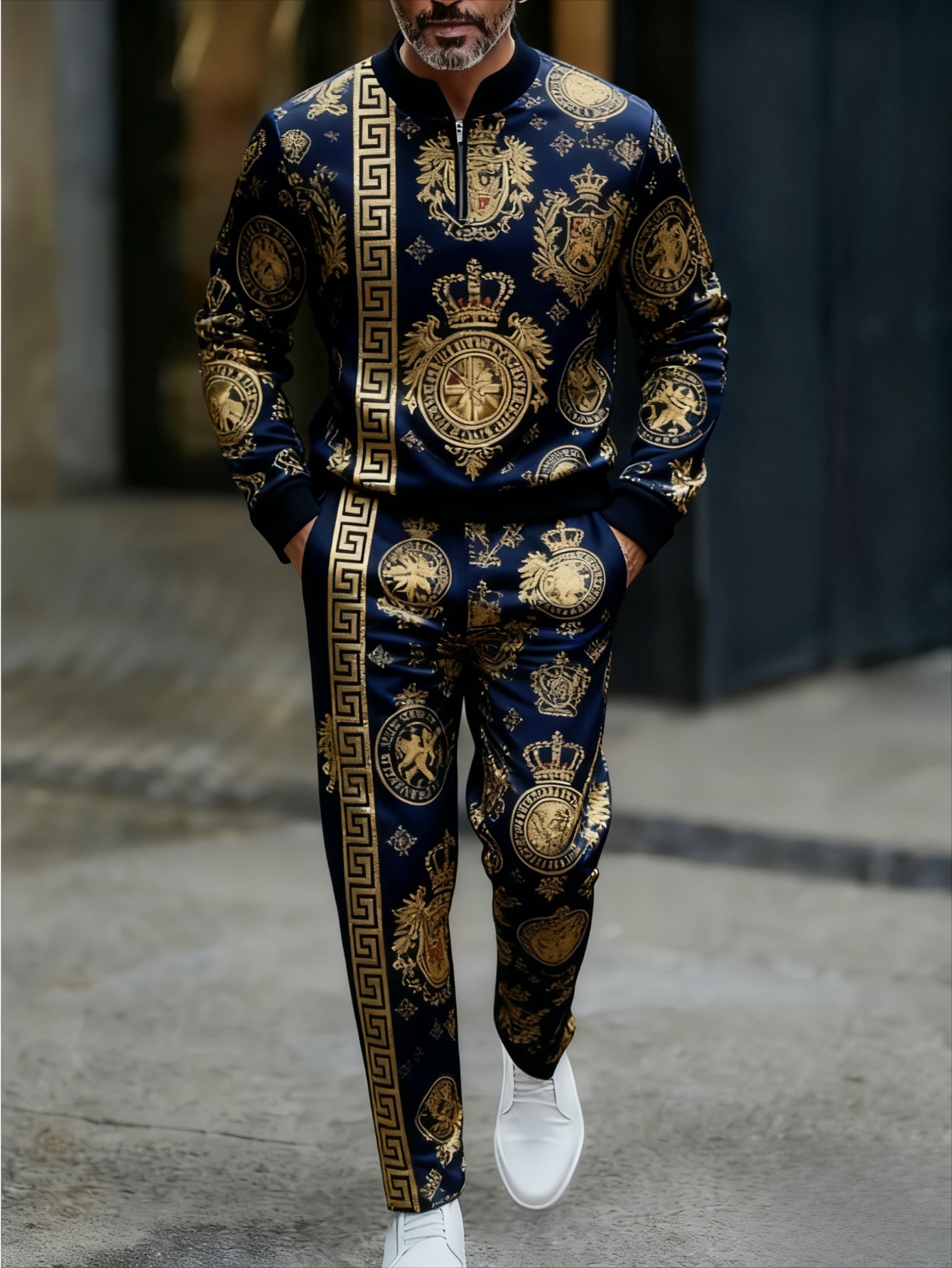 Conjunto de dos piezas casual Navy Blue & Gold Color Matching Baroque estampado Round-Neck Zipper de manga larga sudadera & Trousers para hombre