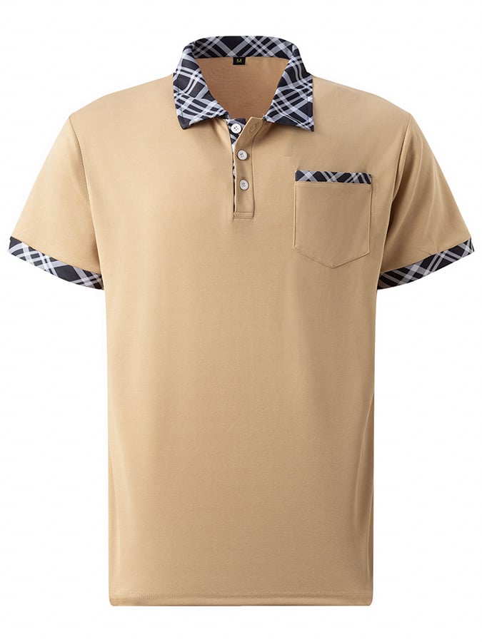 Camisa polo retro a cuadros stitching de moda casual (with bolsillos) para hombre