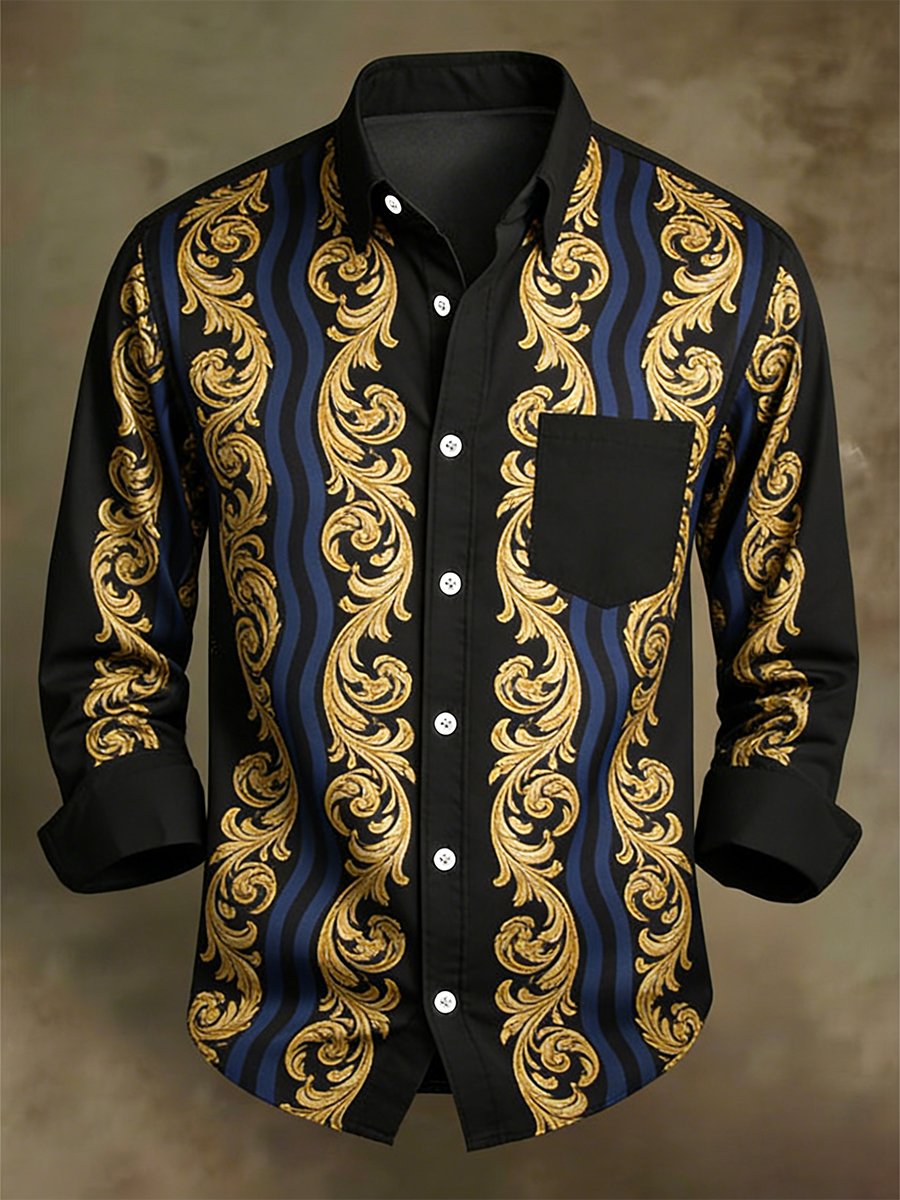 Camisa retro ejecutivo casual Baroque a rayas de manga larga para hombre