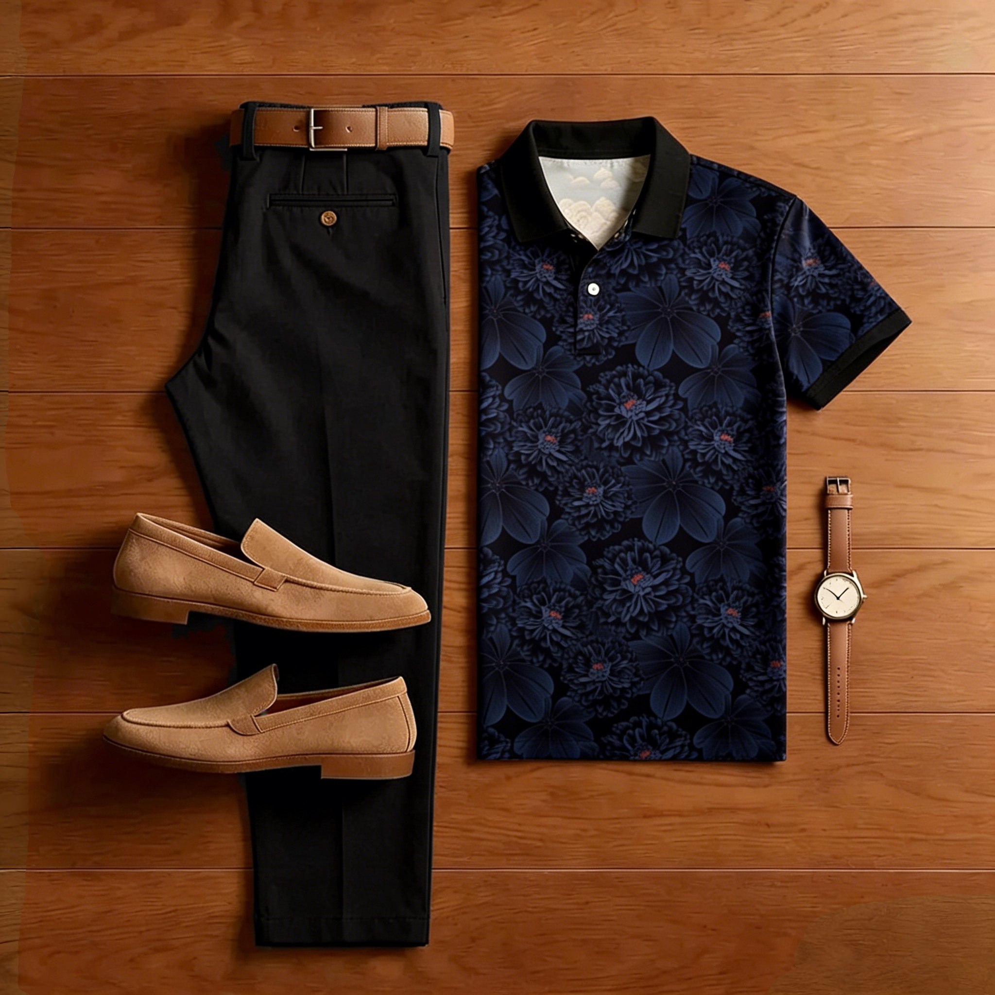 Conjunto de dos piezas casual Midnight floral estampado camisa polo and Trousers para hombre