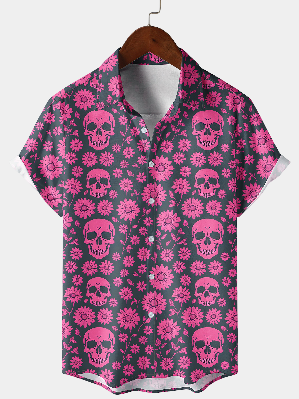 Camisa Summer Pink Skull floral Daisy estampado Button Up Holiday de manga corta para hombre