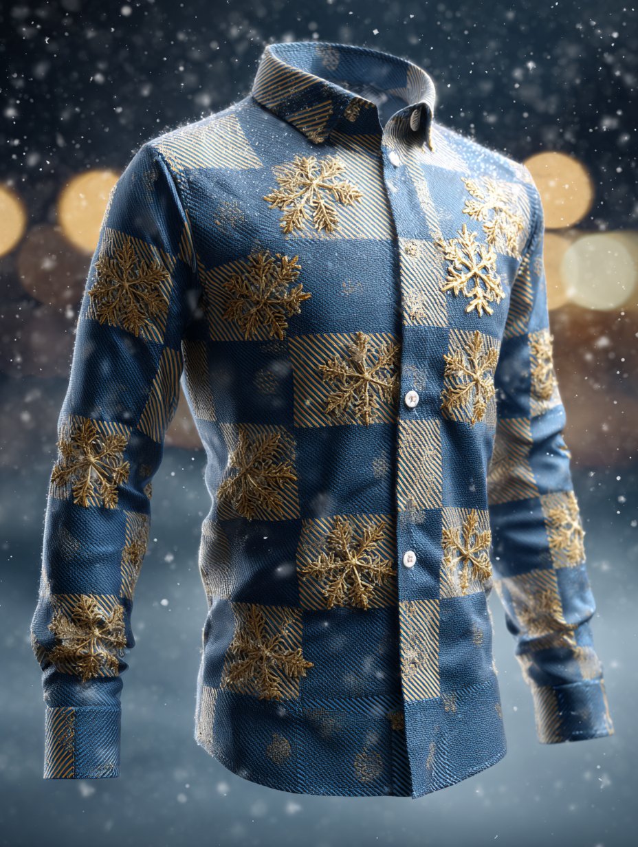 Camisa ejecutivo de lujo retro Christmas a cuadros Snowflake de manga larga para hombre