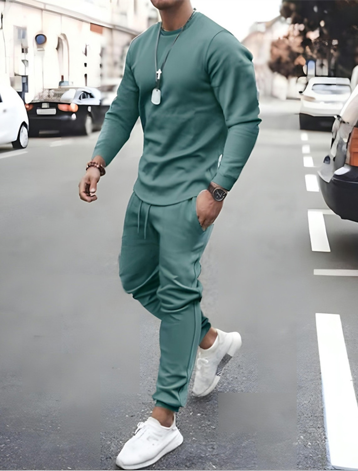 Casual de color sólido de manga larga sports set 7 colors para hombre
