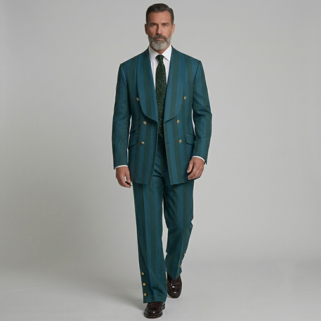 para hombre Teal Contrast a rayas Print Side Buttons High Waist Wide Leg Suit pantalón