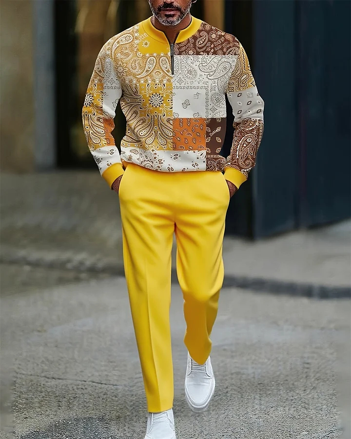 Conjunto de dos piezas casual Color Matching estampado Round-Neck Zipper de manga larga Trousers para hombre