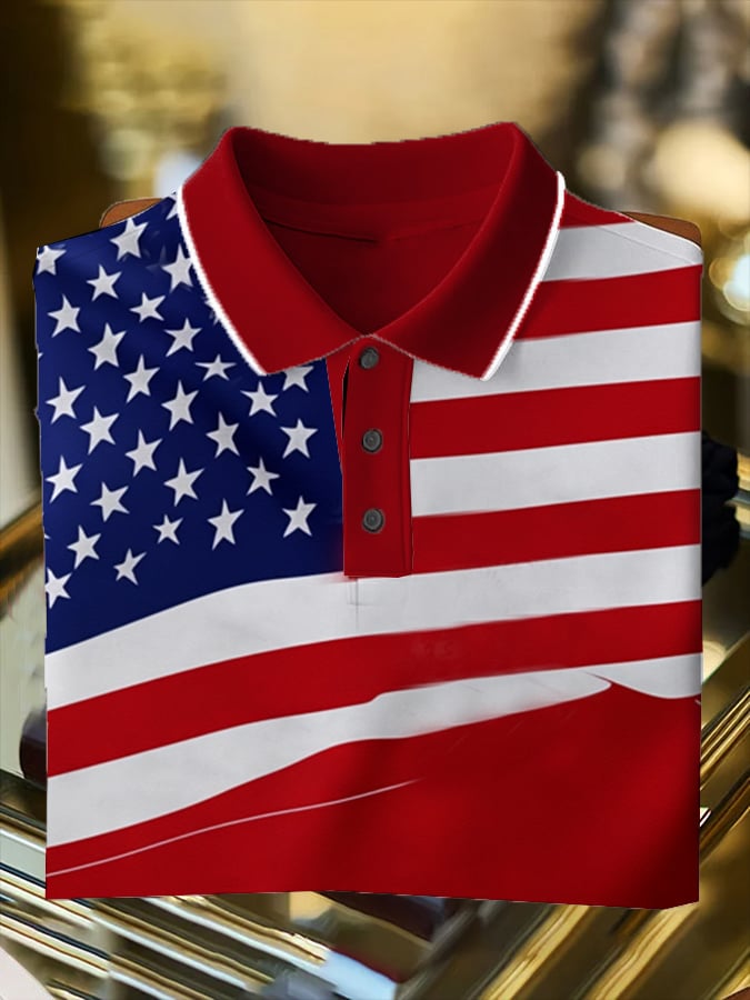 Camisa polo Independence Day Flag estampado casual para hombre