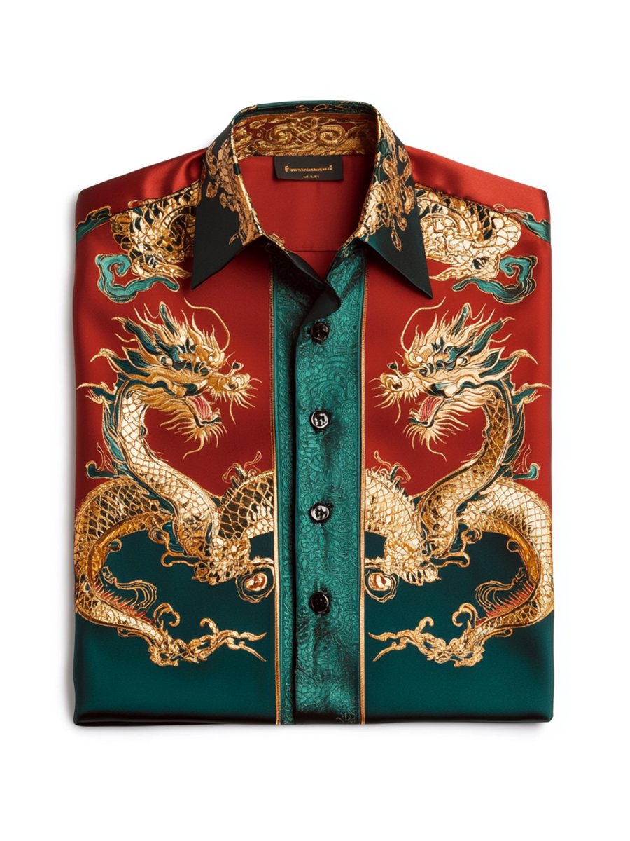 Camisa satén Luxe Dragon de manga larga con botones para hombre