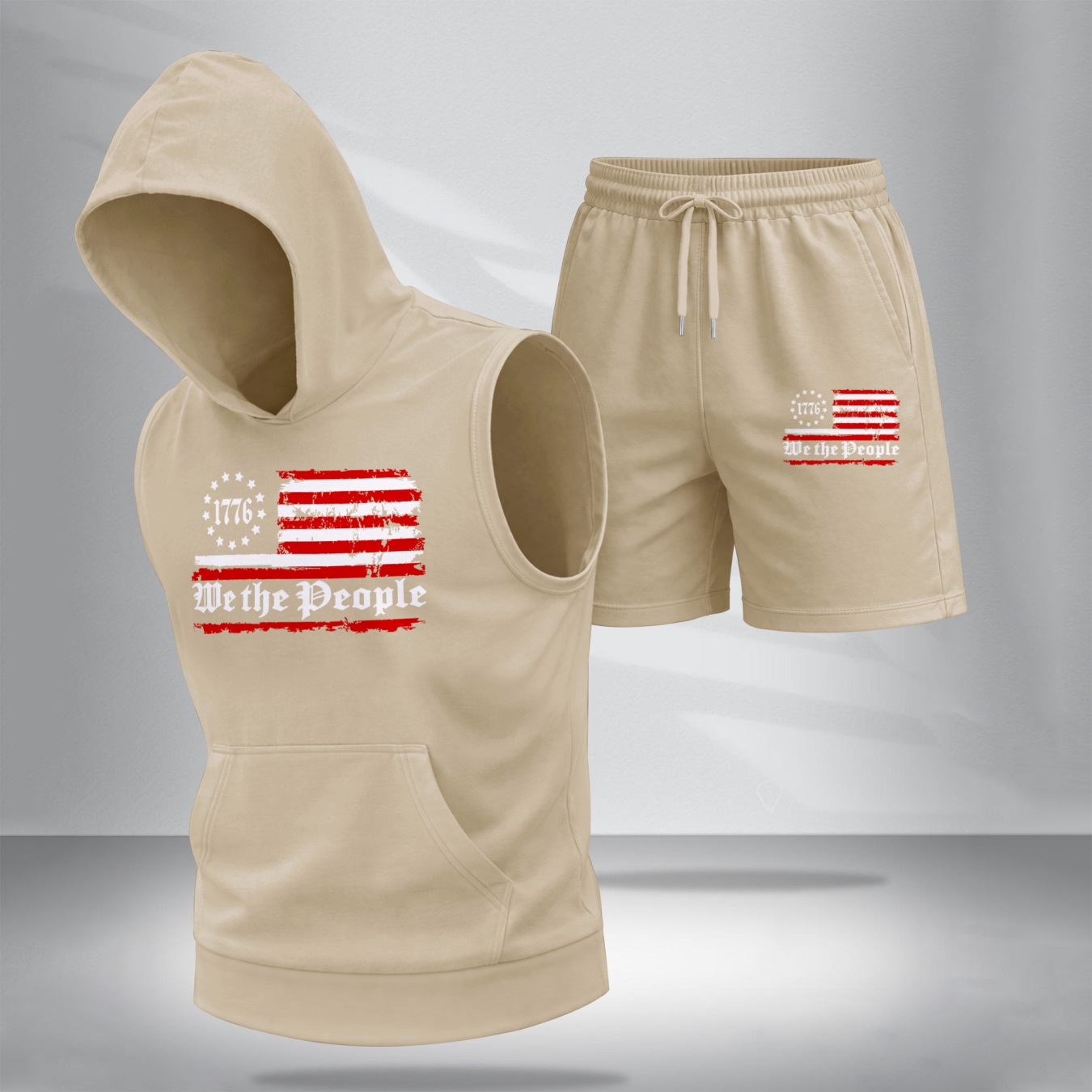 Conjunto de dos piezas American Flag estampadoHooded Tank Top & shorts Set, Regular Fitcasual Athletic de moda Activewear SleevelessTop & shorts, Summer Clothes para hombre