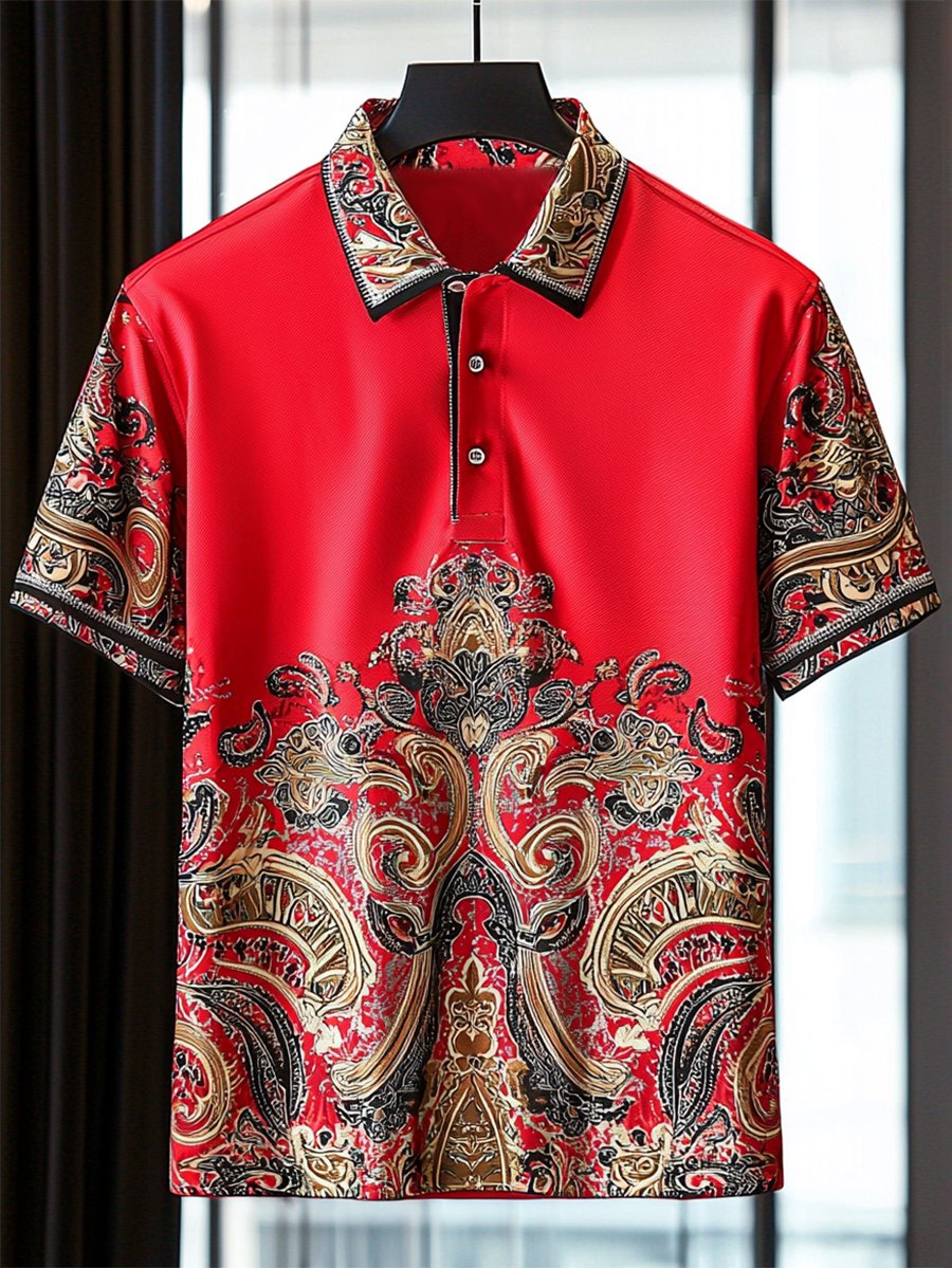 Camisa polo casual ejecutivo Paisley Button de manga corta para hombre