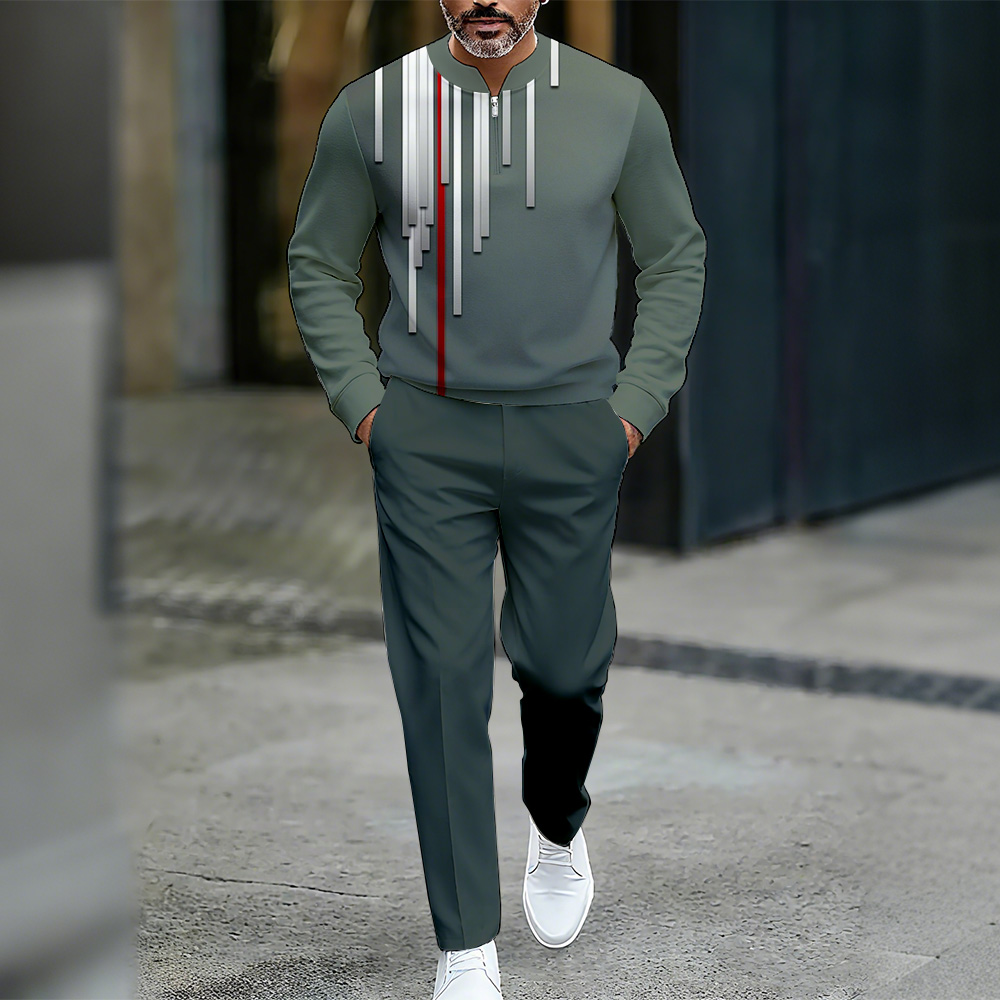 Conjunto de dos piezas casual Color Matching estampado Round-Neck Zipper de manga larga Trousers para hombre