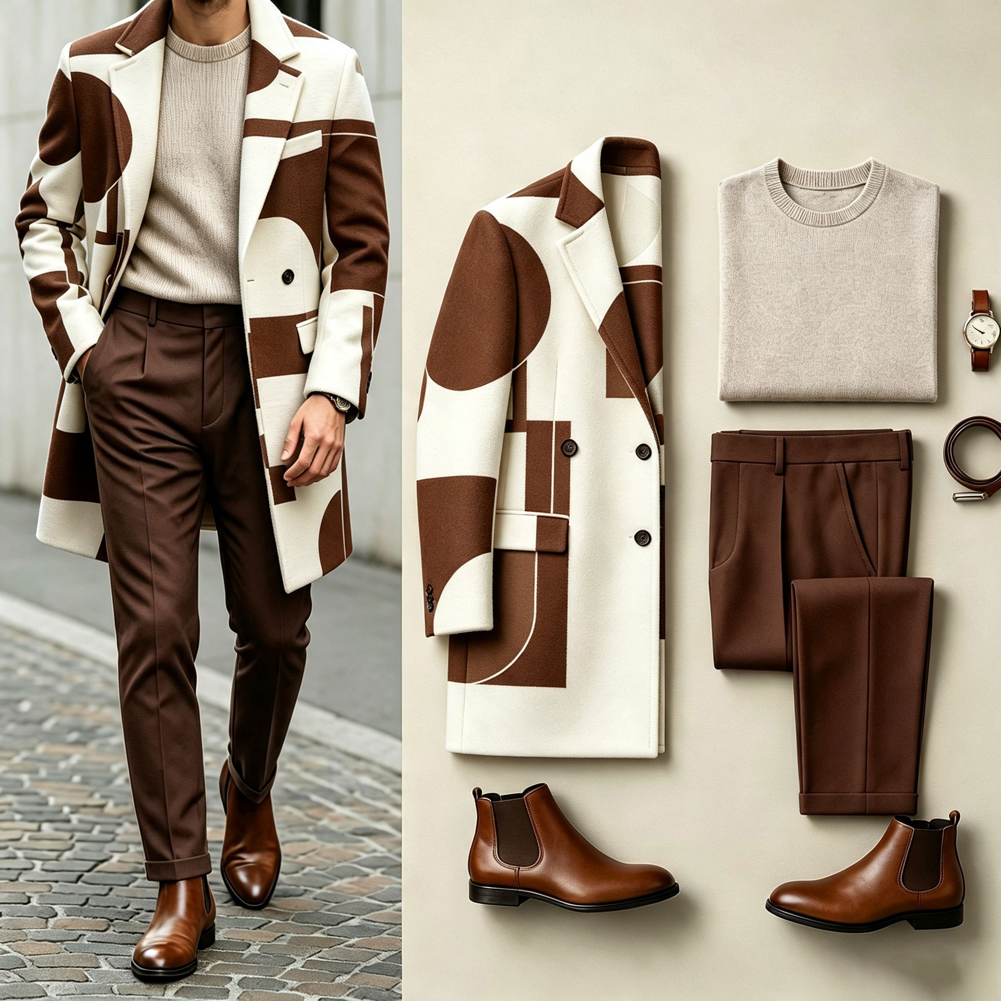 para hombre Two-Tone Three-Piece Set: Mid-Length Wool Coat, Crew-Neck Sweater, and Flowy Dress pantalón