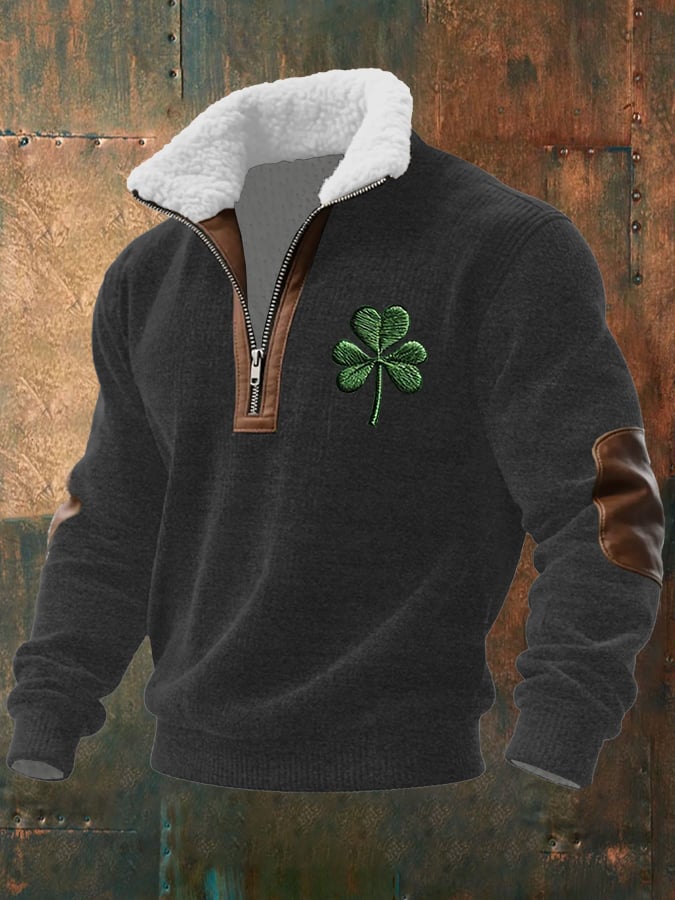 Sudadera vintage St. Patrick's Day estampado de manga larga With Fur cuello para hombre