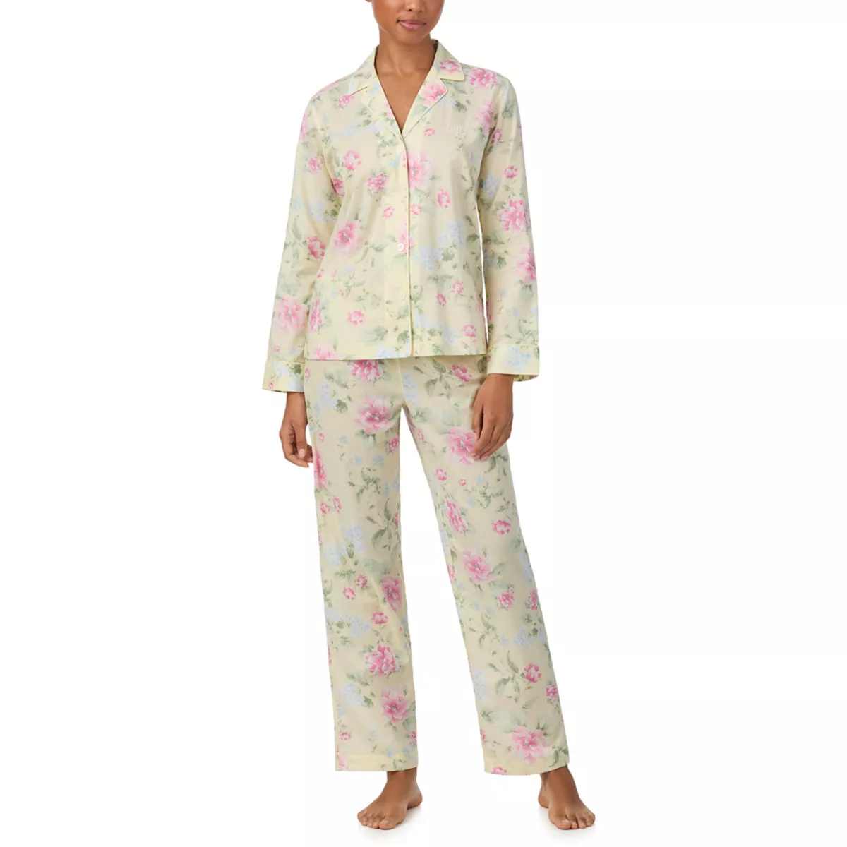 Long Sleeve Notch Collar Long Pant Pajama Set - 1