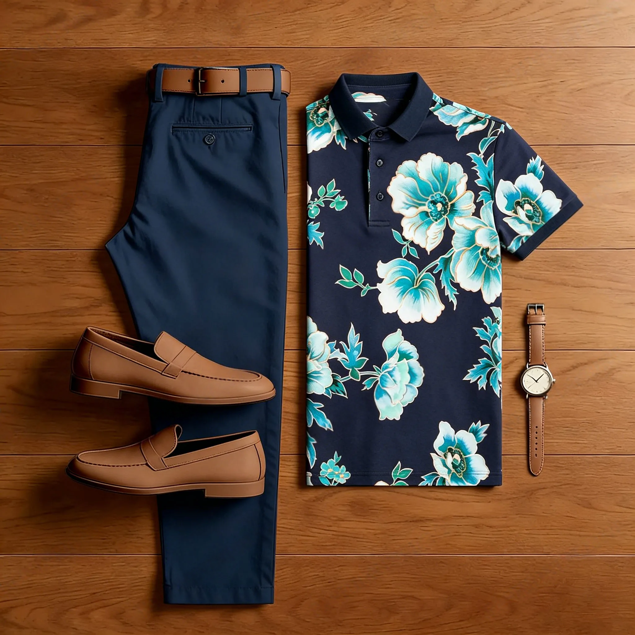 Conjunto de dos piezas casual Navy Blue estampado camisa polo And pantalón para hombre