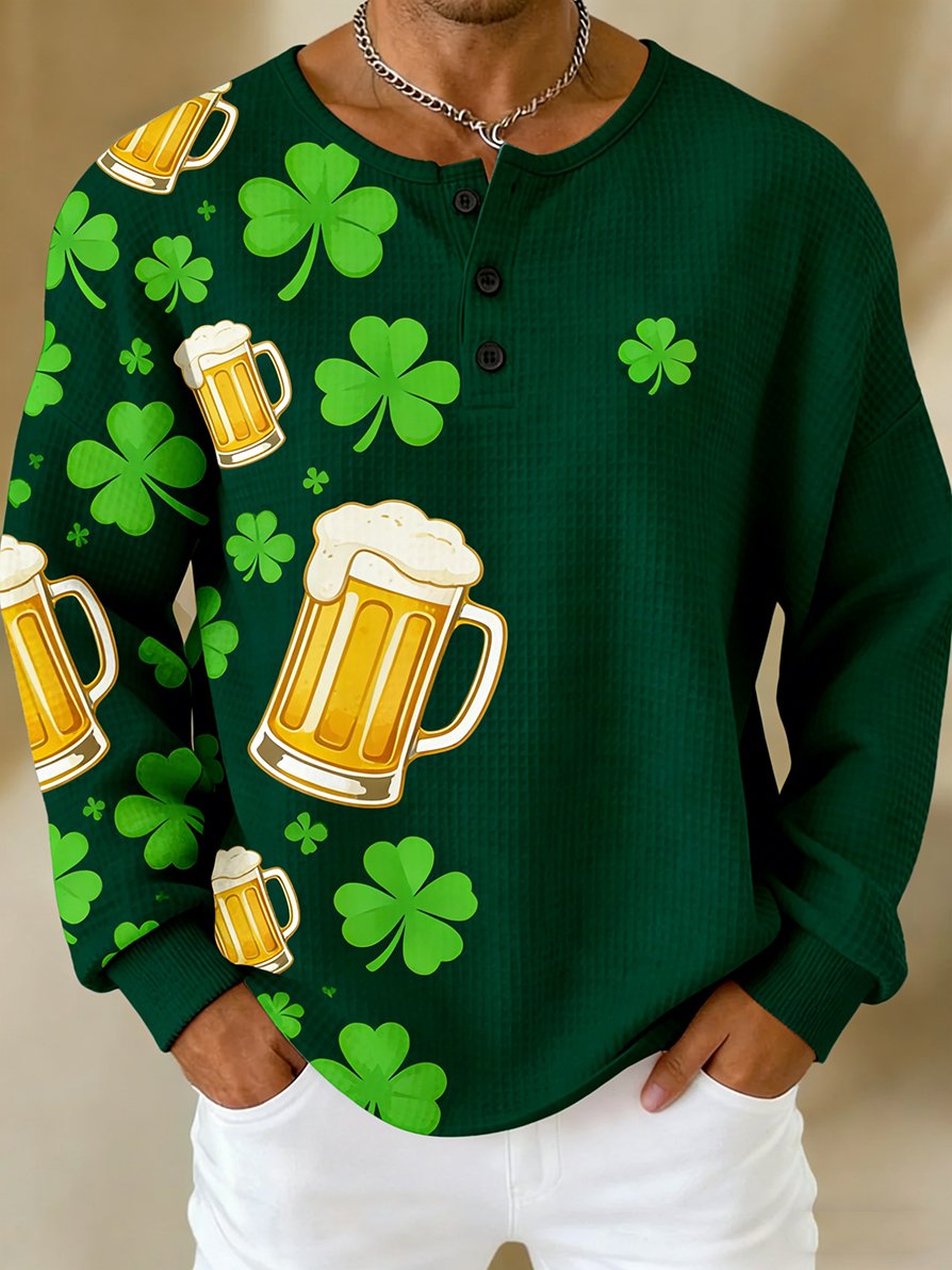 Camisa St. Patrick's Day Shamrock Beer Art tejido tipo waffle Henley para hombre