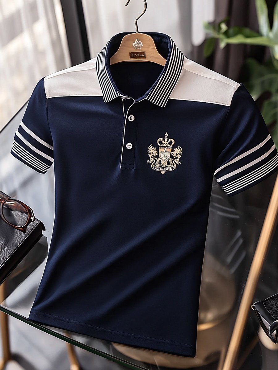 Camisa polo ejecutivo rayas Logo con botones de manga corta para hombre