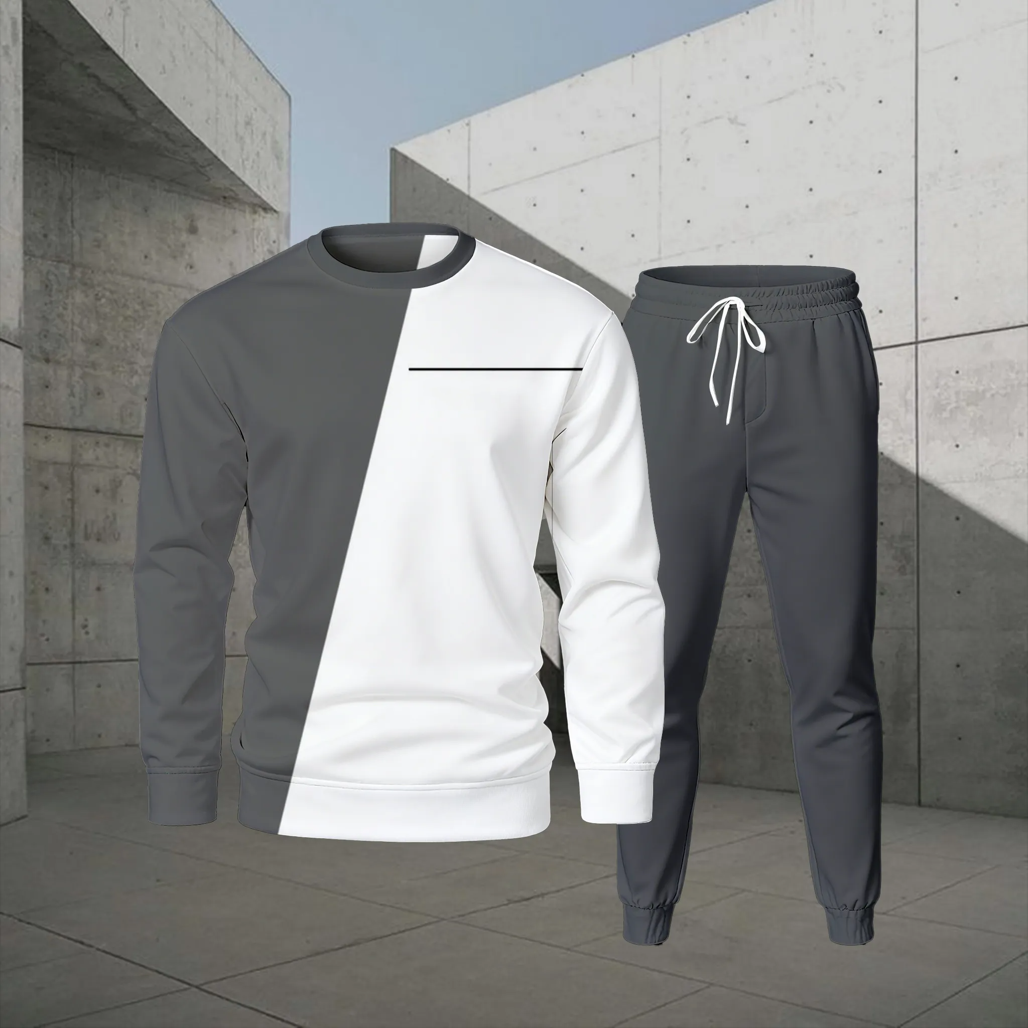 Conjunto de dos piezas casual Color Matching estampado Round-Neck de manga larga sudaderas Trousers para hombre