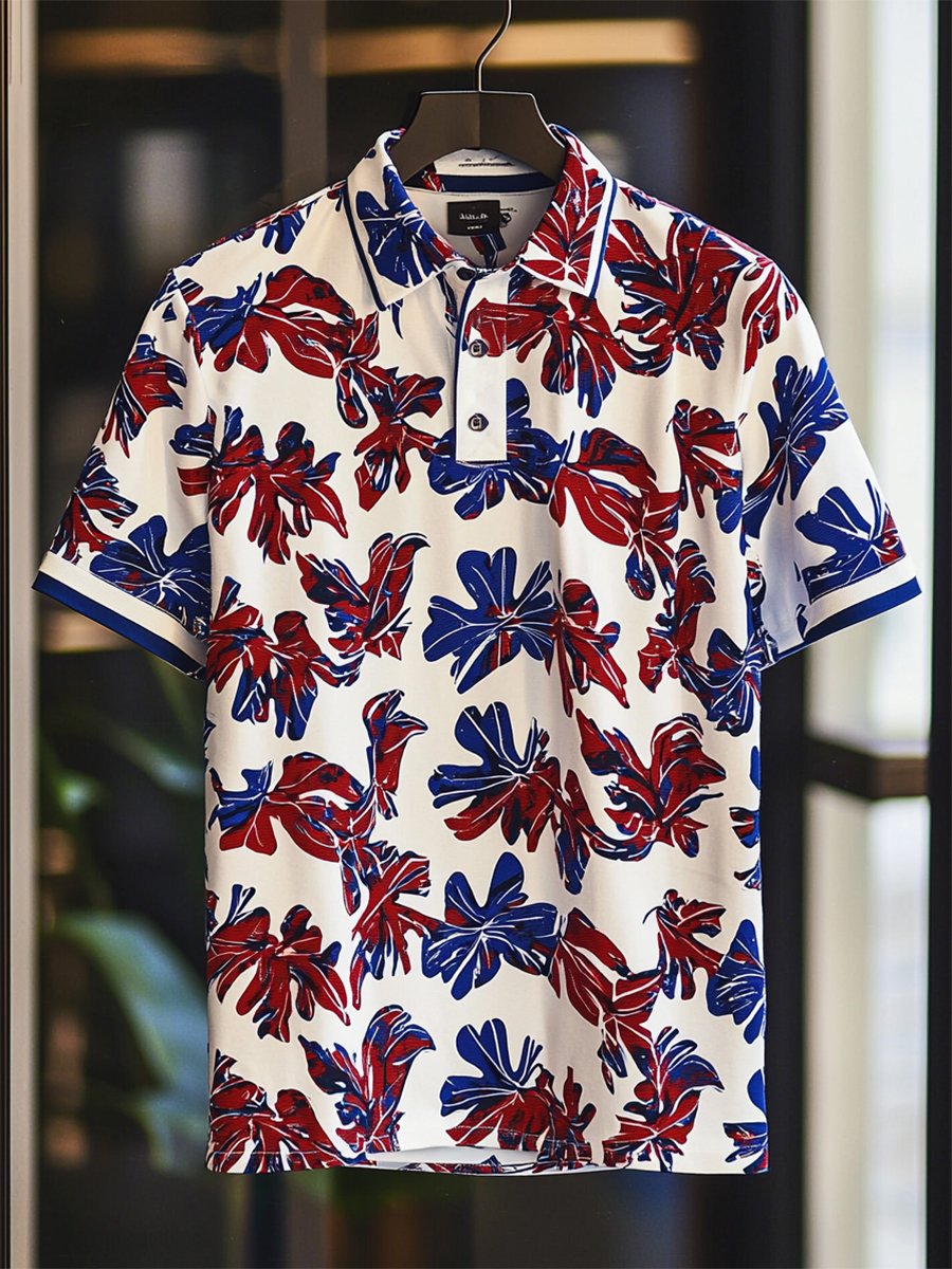 Camisa polo Resort floral estampado Button de manga corta para hombre