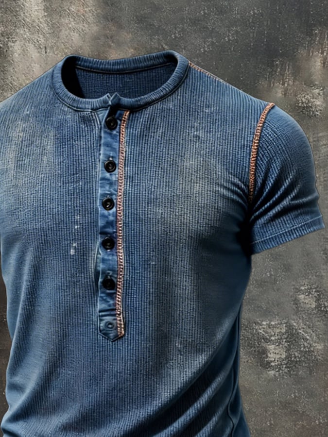 Retro Pure de algodón Washed desgastado Color-Blocked Henley cuello de manga corta Top para hombre