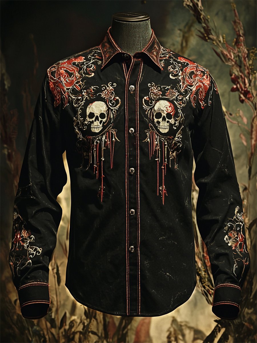 Camisa retro casual Skull estampado de manga larga para hombre