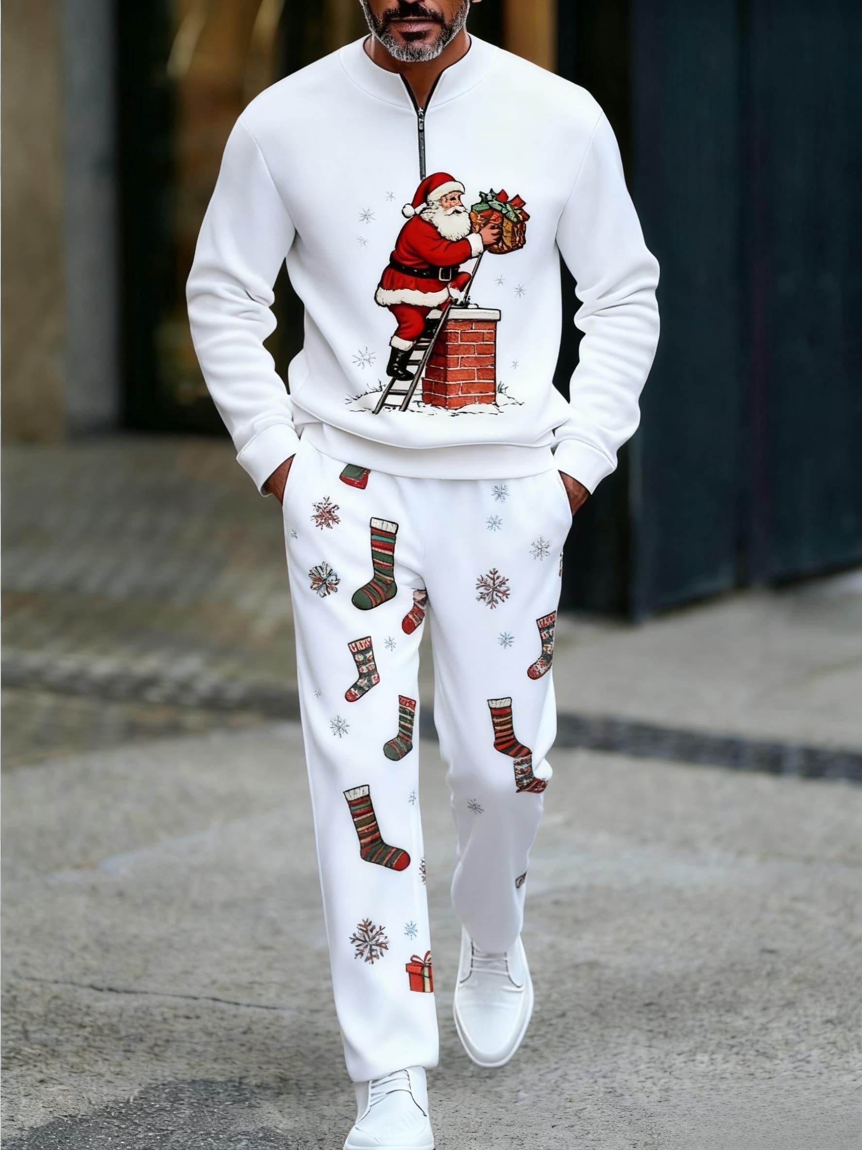 Conjunto de dos piezas Christmas estampado Round-Neck cierre de manga larga Trousers para hombre