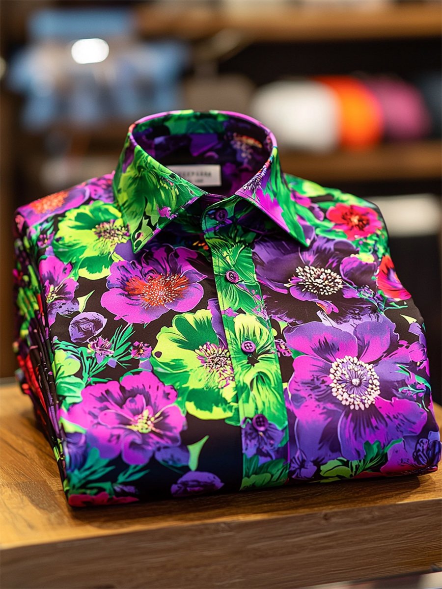 Camisa satén Luxe hawaiano estampado de manga corta Button para hombre