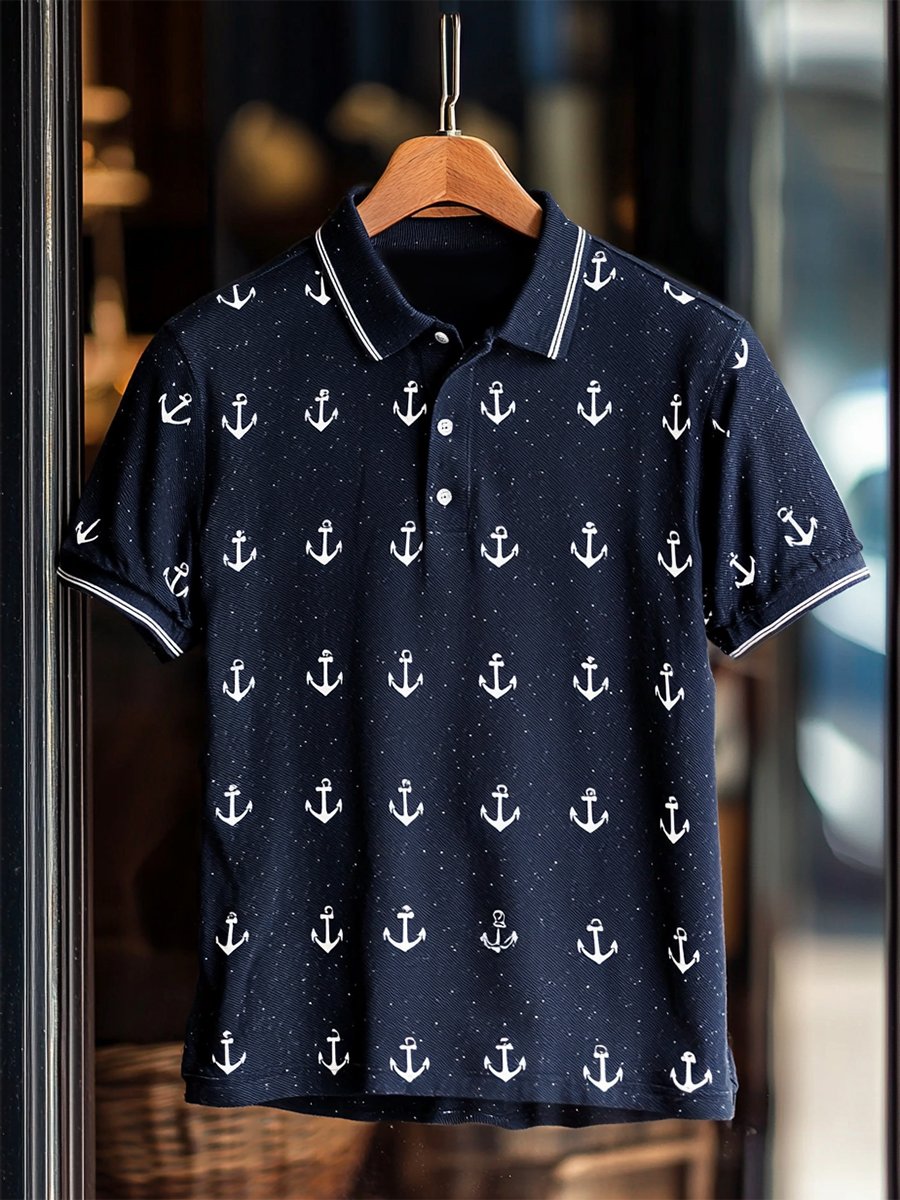 Camisa polo casual ejecutivo Anchor estampado Button de manga corta para hombre