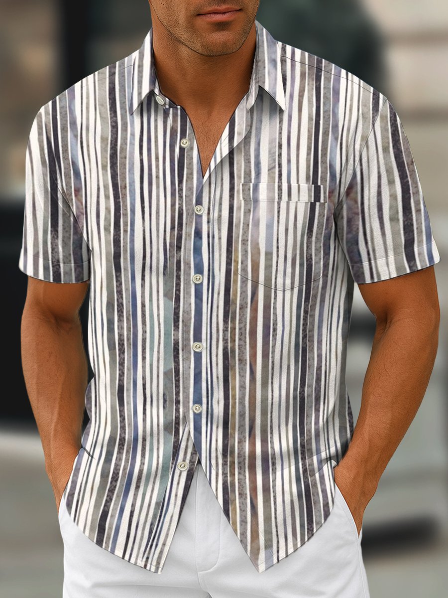 Camisa retro geométrico Art estampado solapa de manga corta para hombre