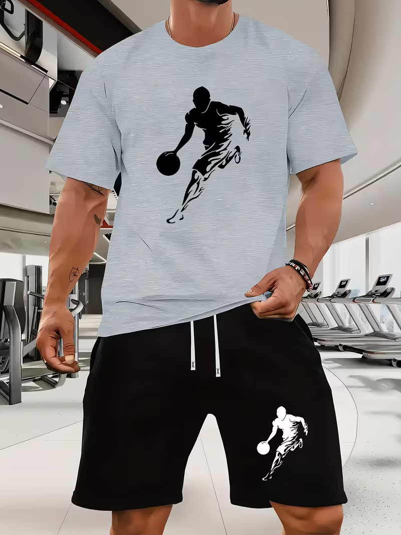 Conjunto de dos piezas casual Sports Ball estampado Crew Neck de manga corta camisa And shorts para hombre
