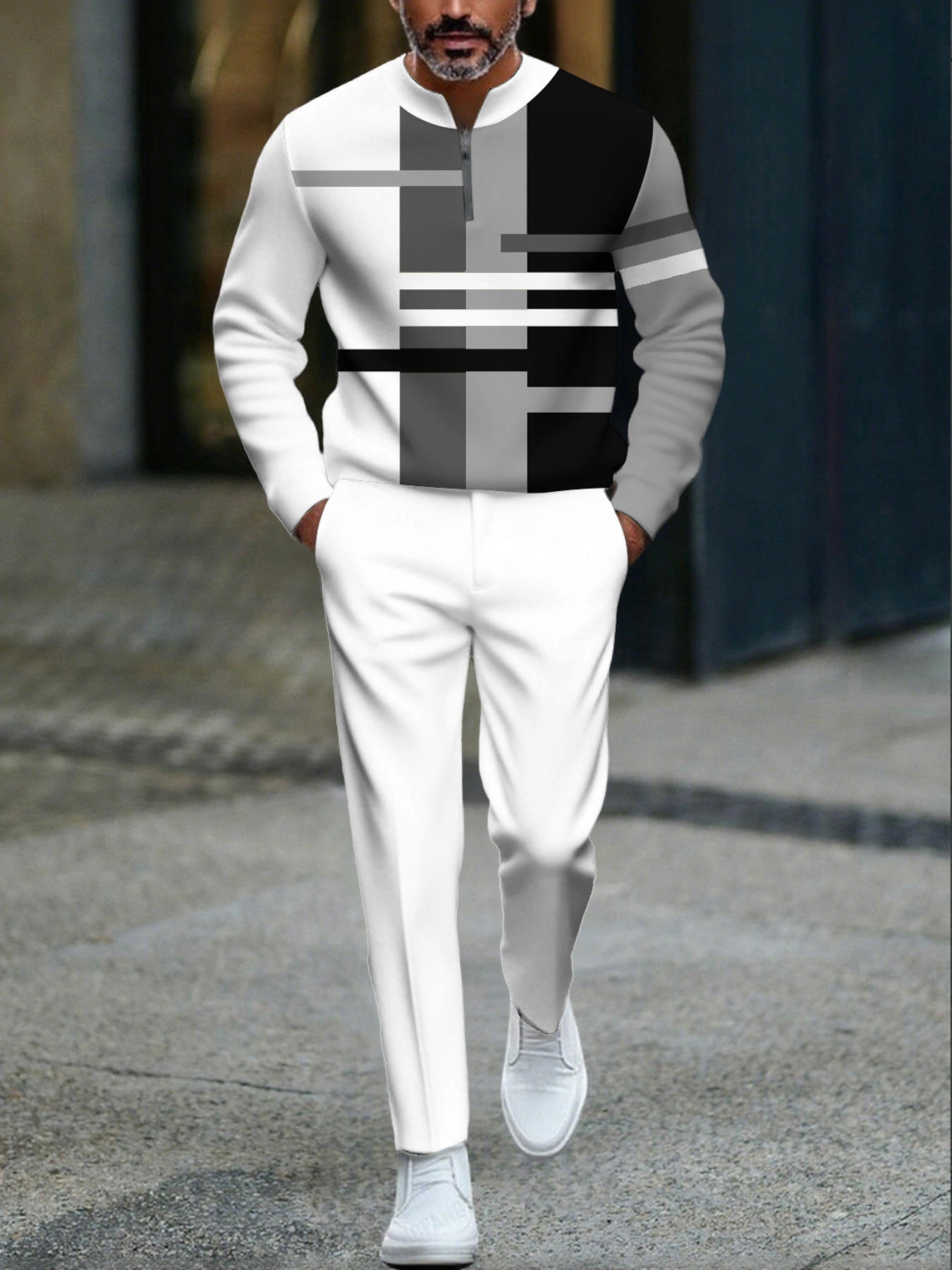 Conjunto de dos piezas casual White & Black Color Matching Geometric estampado Round-Neck Zipper de manga larga sudadera & Trousers para hombre