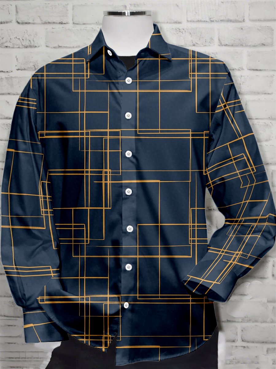 Camisa retro casual geométrico Art de manga larga para hombre