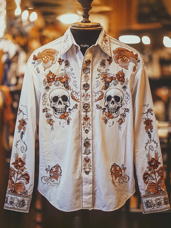 Camisa retro casual Skull estampado de manga larga para hombre