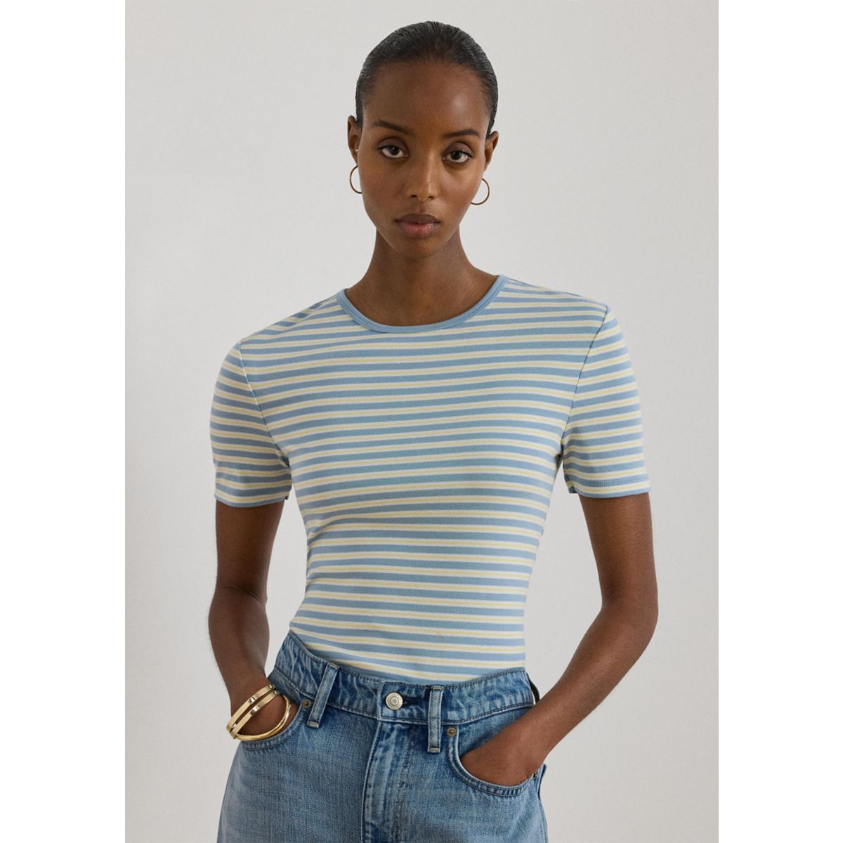 Women's Striped Rib-Knit Stretch Cotton T-Shirt - 3