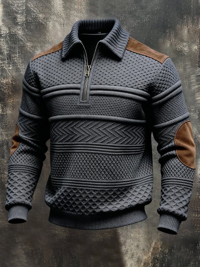Sudadera vintage-Style texturizado Patchpara trabajo Color-Block de manga larga para hombre