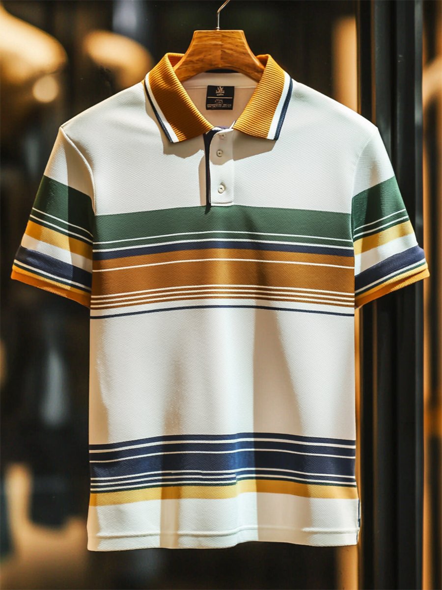 Camisa polo ejecutivo casual a rayas Button de manga corta para hombre